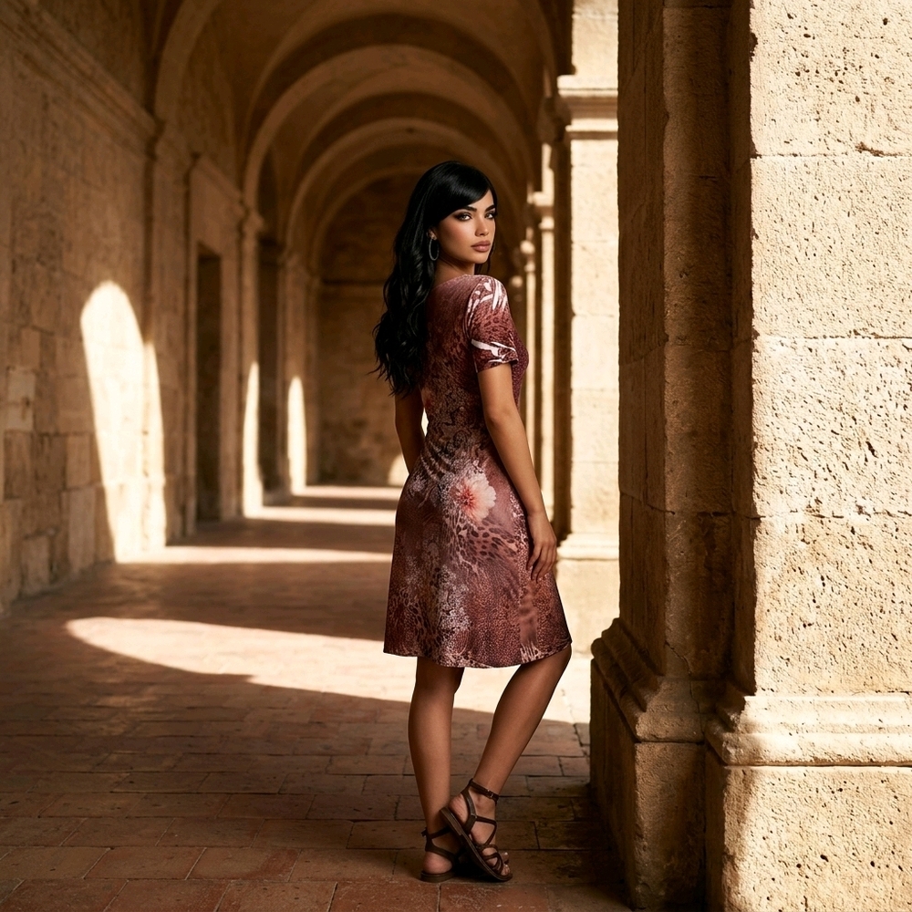 Dressbarn brand dress featuring a mixed floral & animal print in earthy brown 8 - Picture 5 of 13